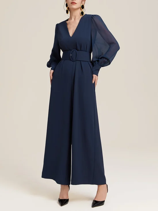 Dark Blue V Neck Balloon Sleeve Chiffon Jumpsuit