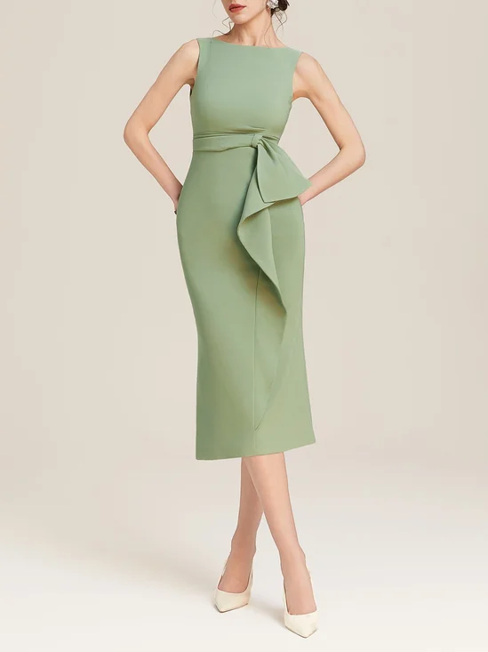 Green Ruched Boat Neck Sleeveless Sheath Midi Dress