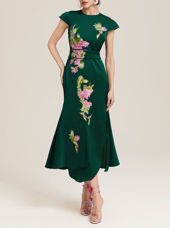 Green Embroidery Satin Crew Neck Cap Sleeve A-Line Maxi Dress