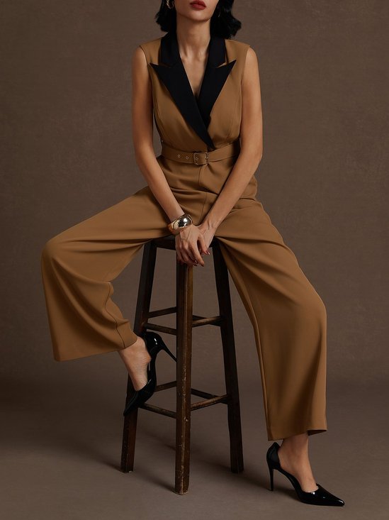 Yellow Brown Regular Fit Shawl Collar Jumpsuit With Belt