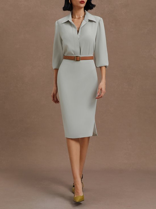 Light Gray Ruched Classic Shirt Collar Long Sleeve Sheath Midi Dress