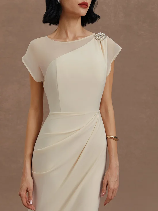 White Imitation Pearls Satin Boat Neck Cap Sleeve Sheath Midi Dress