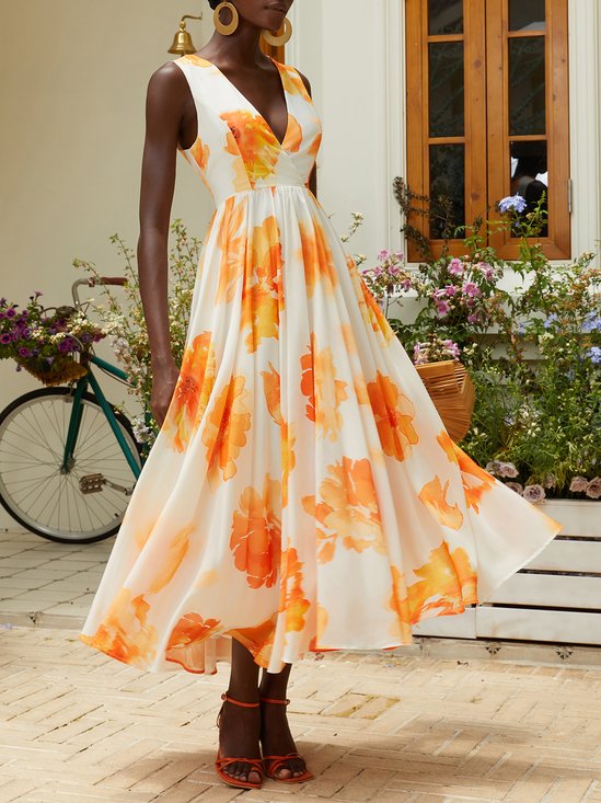 Yellow Floral Chiffon V Neck Sleeveless A-Line Maxi Dress