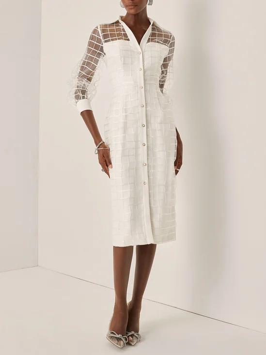 White Mesh Shirt Dress Shirt Collar Long Sleeve Balloon Sleeve Sheath Midi Dress