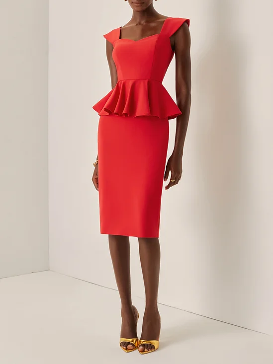 Red Peplum Peplum Sweetheart Neckline Sleeveless Sheath Midi Dress