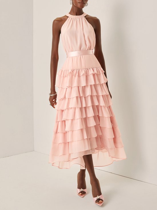 Pink Peplum Chiffon Halter Sleeveless A-Line Maxi Dress