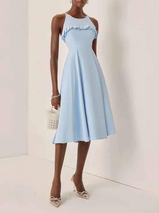 Light Blue Peplum Classic Spaghetti Sleeveless A-Line Midi Dress