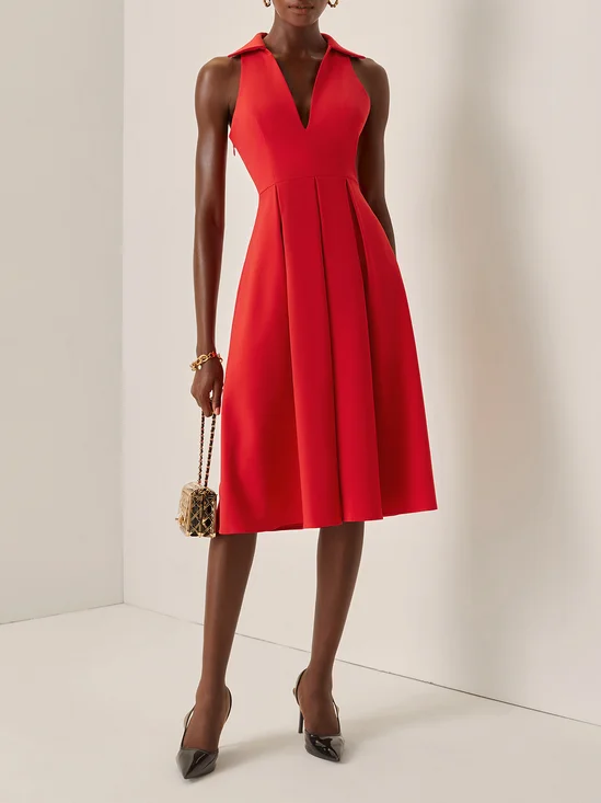 Red Classic Shirt Collar Sleeveless A-Line Midi Dress