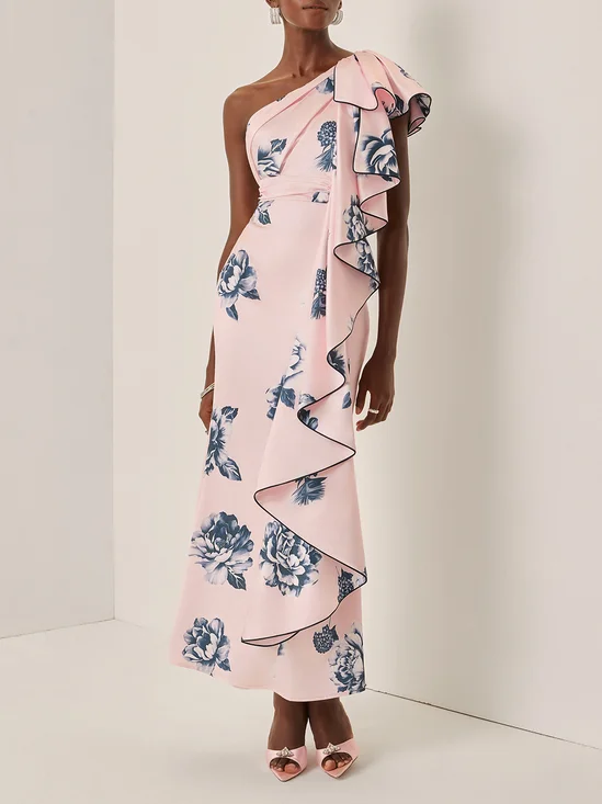 Pink Printing Peplum Satin One Shoulder Sleeveless Sheath Maxi Dress