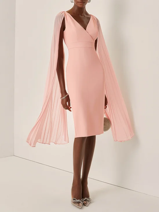 Light Pink Pleated Classic V Neck Sleeveless Sheath Midi Dress