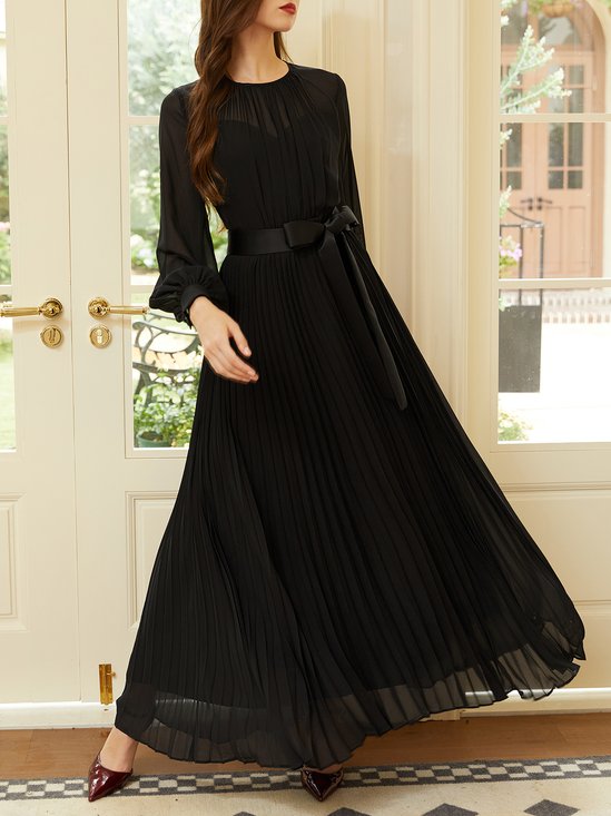 Black Pleated Mesh Chiffon Crew Neck Long Sleeve Balloon Sleeve A-Line Maxi Dress