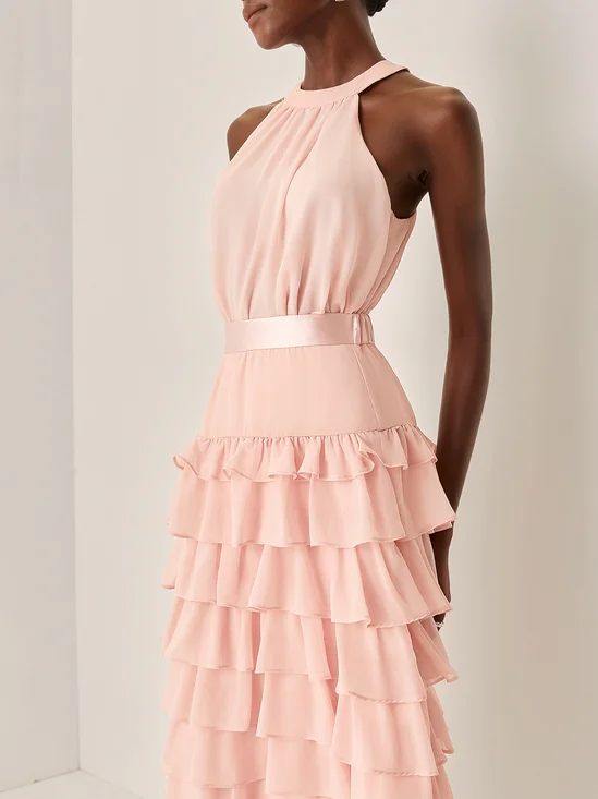Pink Peplum Chiffon Halter Sleeveless A-Line Maxi Dress