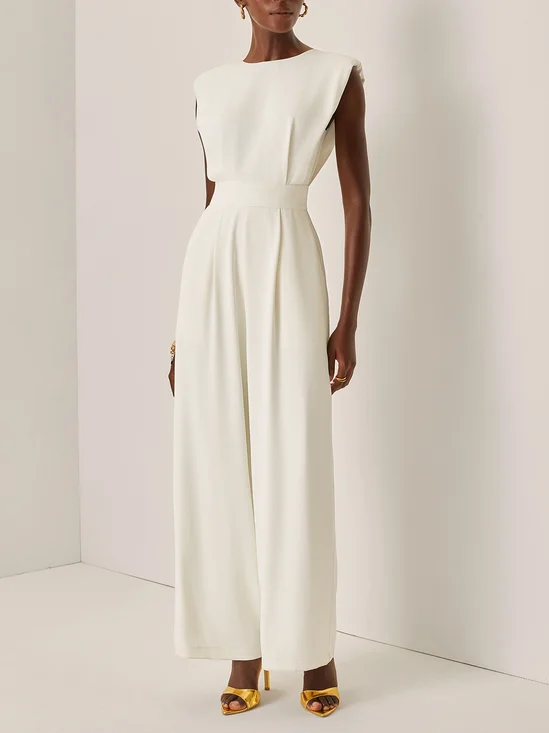 Crew Neck Plain Ruched Urban Jumpsuit With No