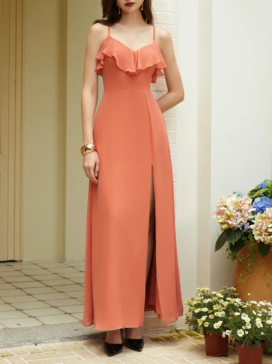 Orange Red Ruffled Chiffon Spaghetti Sleeveless A-Line Maxi Dress