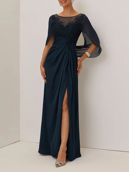 Purplish blue Lace Ruched Prom Dress Boat Neck Short Sleeve A-Line Maxi Dress
