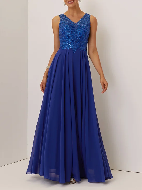 Blue Glitter Chiffon V Neck Sleeveless A-Line Maxi Dress
