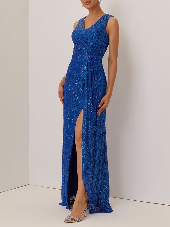 Blue Ruched Prom Dress V Neck Gallus A-Line Maxi Dress