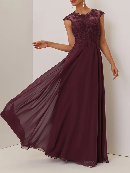 Wine Red Lace Chiffon Crew Neck Cap Sleeve A-Line Maxi Dress