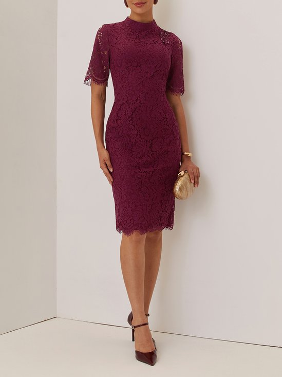 Wine Red Lace Prom Dress Crew Neck Half Sleeve A-Line Midi Dress