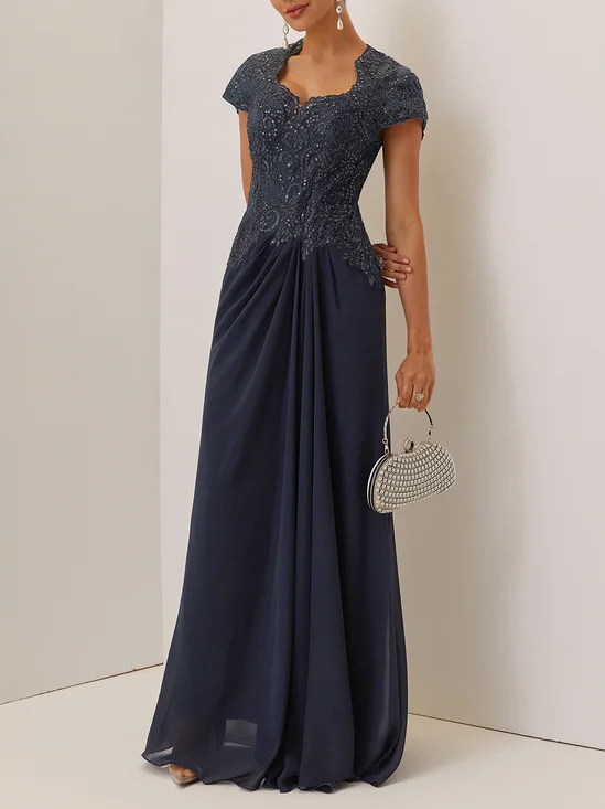 Purplish blue Lace Prom Dress Sweetheart Neckline Short Sleeve Off Shoulder Sleeve A-Line Maxi Dress