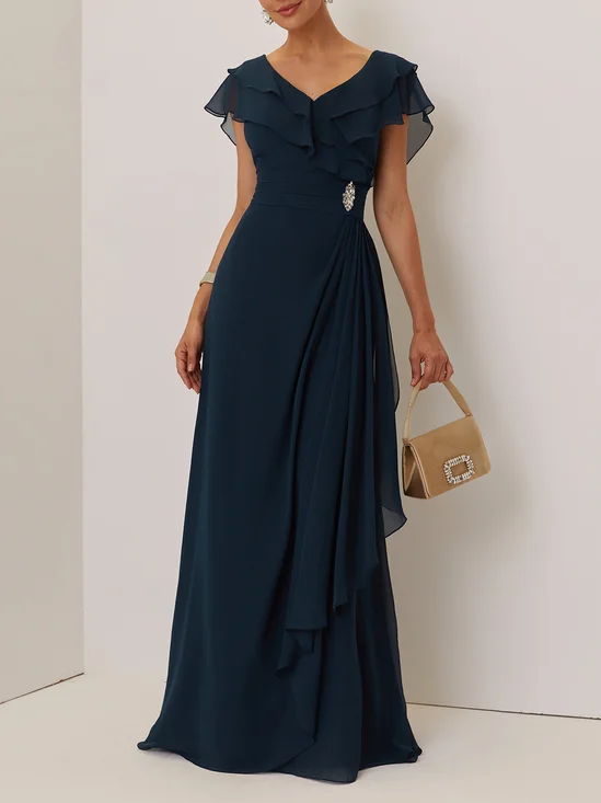 Purplish blue Ruffled Rhinestones Chiffon V Neck Short Sleeve A-Line Maxi Dress