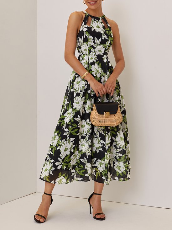 Green Floral Hollow Out Chiffon Crew Neck Sleeveless A-Line Maxi Dress