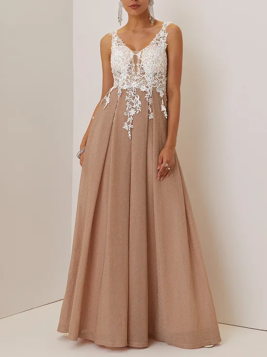 Apricot Lace Pleated Prom Dress V Neck Sleeveless A-Line Maxi Dress