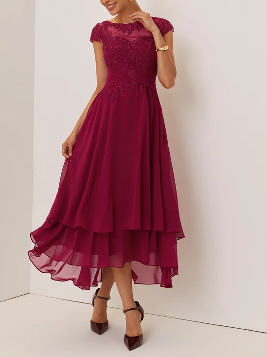 Red Lace Lace Chiffon Crew Neck Cap Sleeve A-Line Maxi Dress
