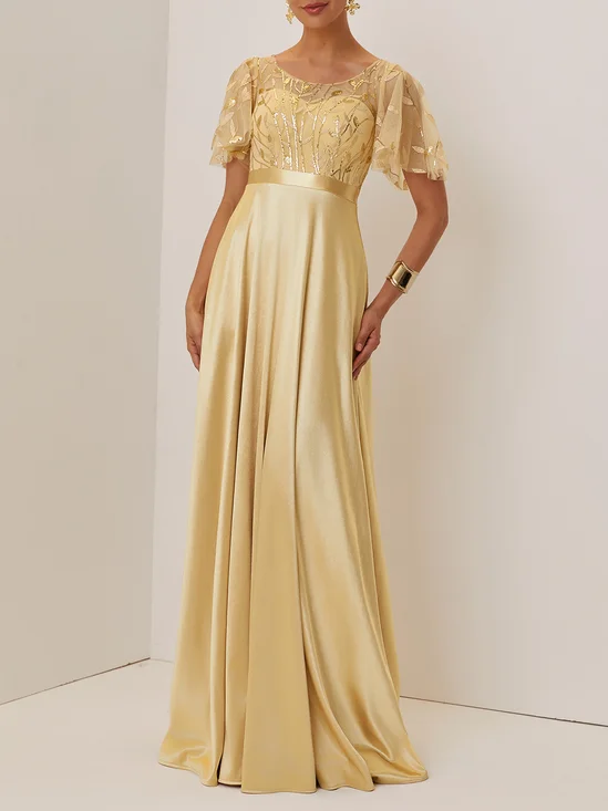 Golden Glitter Satin Crew Neck Short Sleeve Bell Sleeve A-Line Gown Dress