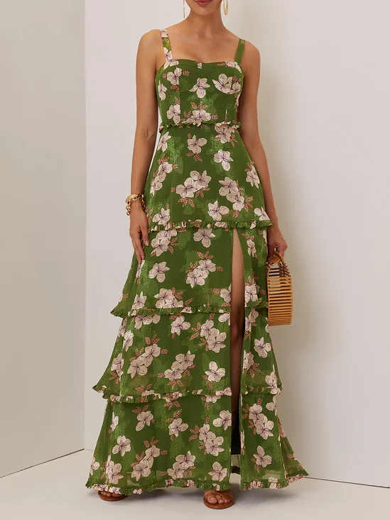Green Jacquard Classic Spaghetti Sleeveless A-Line Maxi Dress