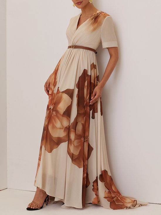 Beige Floral Ruched Chiffon V Neck Short Sleeve A-Line Gown Dress
