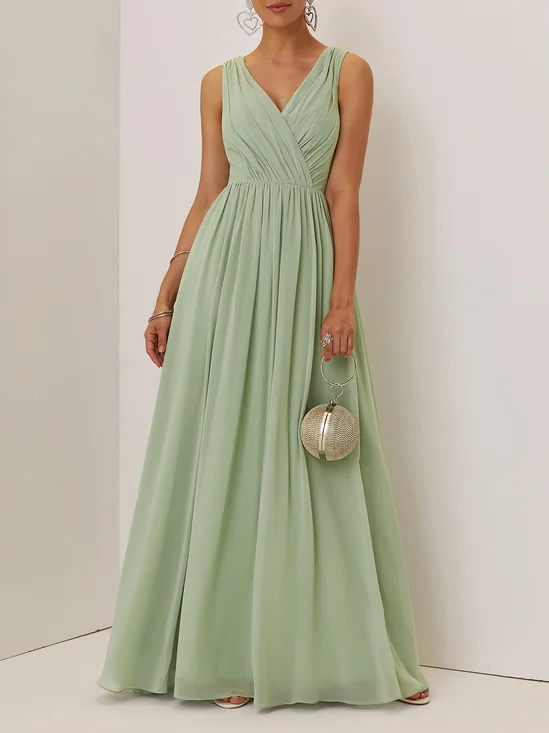 Lightgreen Lace Ruched Chiffon V Neck Sleeveless A-Line Maxi Dress