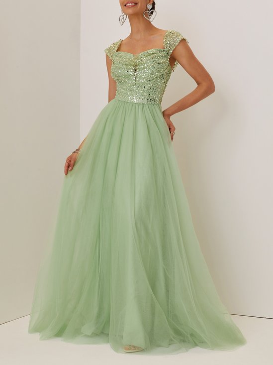 Green Glitter Ruched Prom Dress Sweetheart Neckline Sleeveless A-Line Maxi Dress