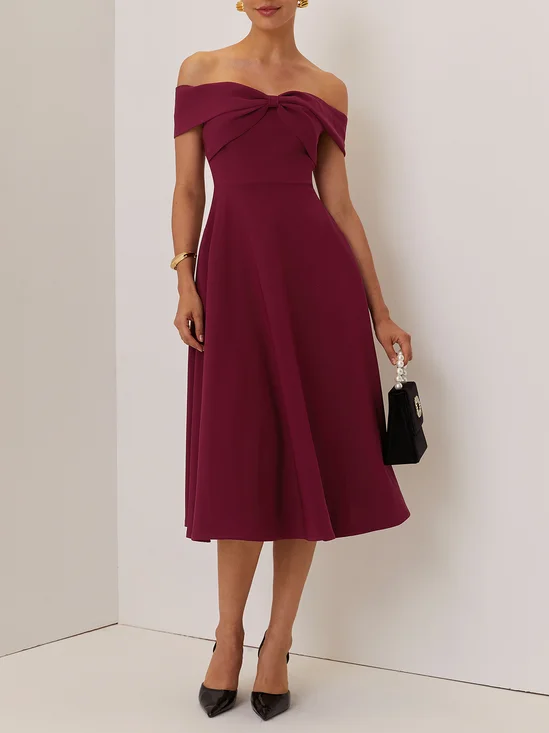 Wine Red Cross Classic Off The Shoulder Short Sleeve A-Line Midi Dress