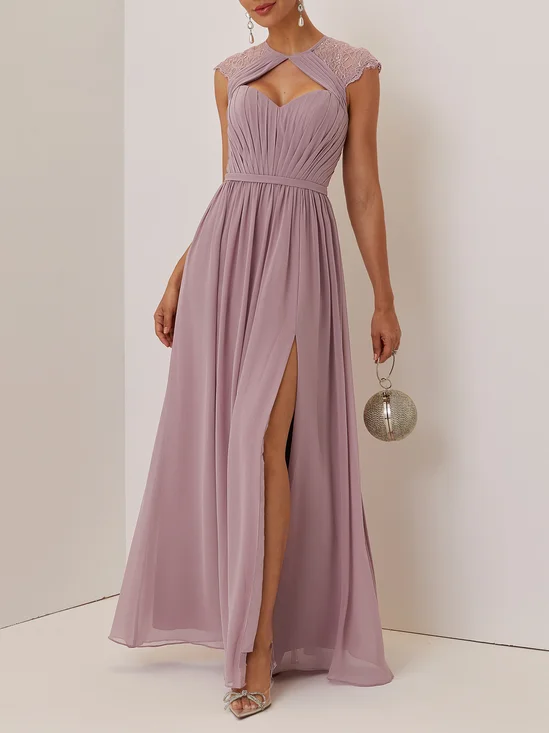 Pink Ruched Lace Chiffon Crew Neck Cap Sleeve A-Line Maxi Dress