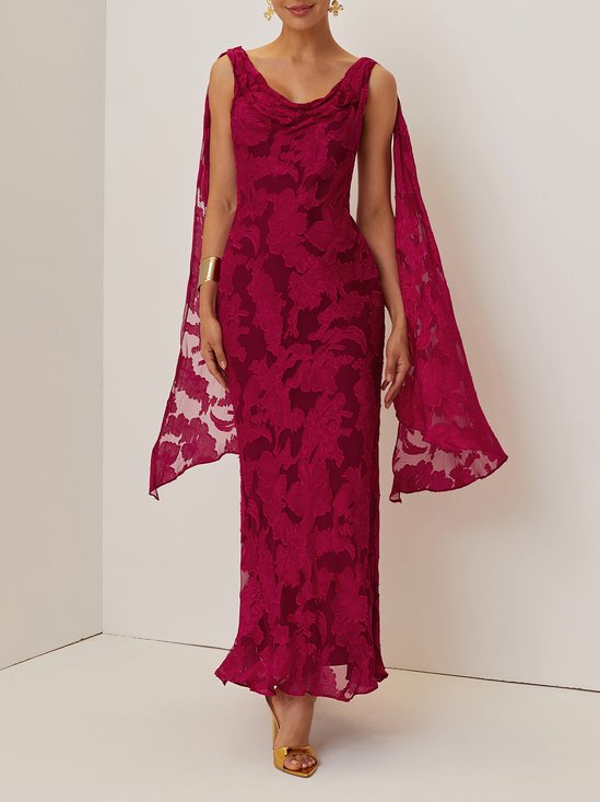 Red Classic Chiffon Floral Cowl Neck Extra-long Sleeve Sheath Midi Dress