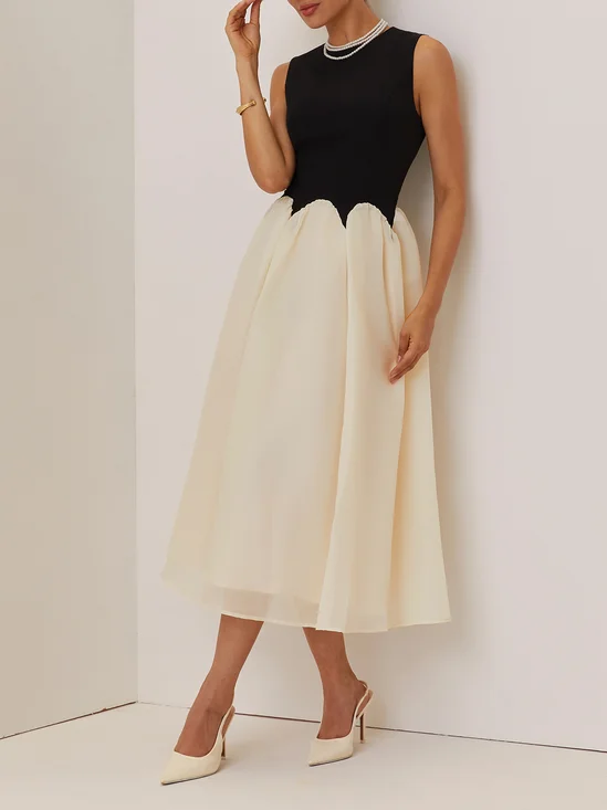Black Split Joint Classic Crew Neck Sleeveless A-Line Midi Dress