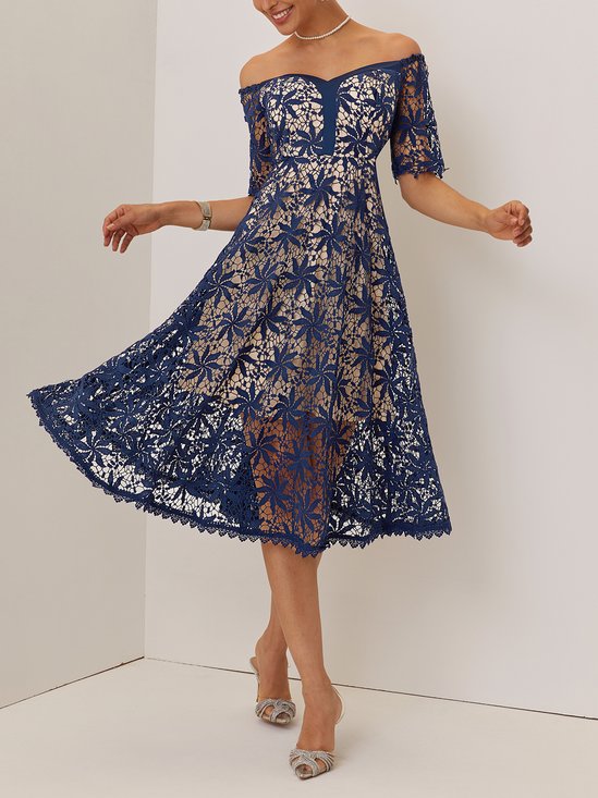 Purplish blue Lace Lace Off The Shoulder Short Sleeve A-Line Midi Dress