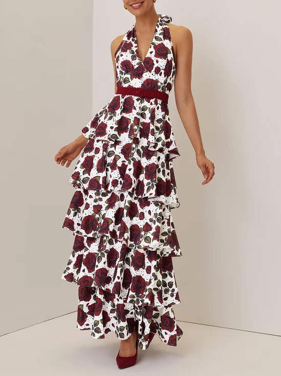 Wine Red Floral Peplum Classic Halter Sleeveless A-Line Maxi Dress