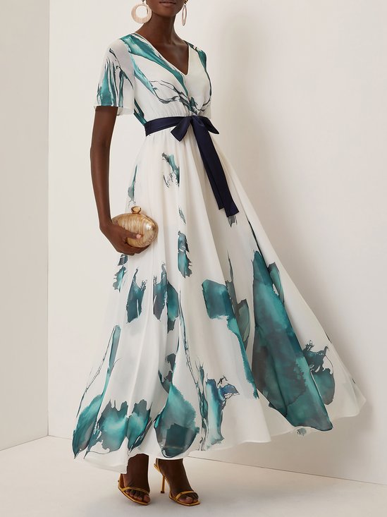 Blue Floral Chiffon V Neck Short Sleeve A-Line Maxi Dress