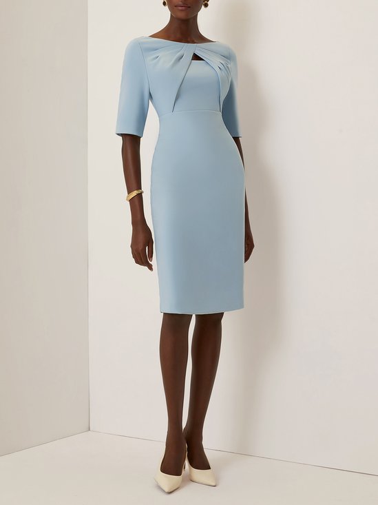 Light Blue Knot Classic Boat Neck Half Sleeve Sheath Midi Dress