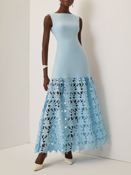 Light Blue Lace Classic Boat Neck Sleeveless A-Line Maxi Dress