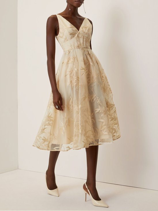 Beige Embroidery Mesh Classic V Neck Sleeveless A-Line Midi Dress
