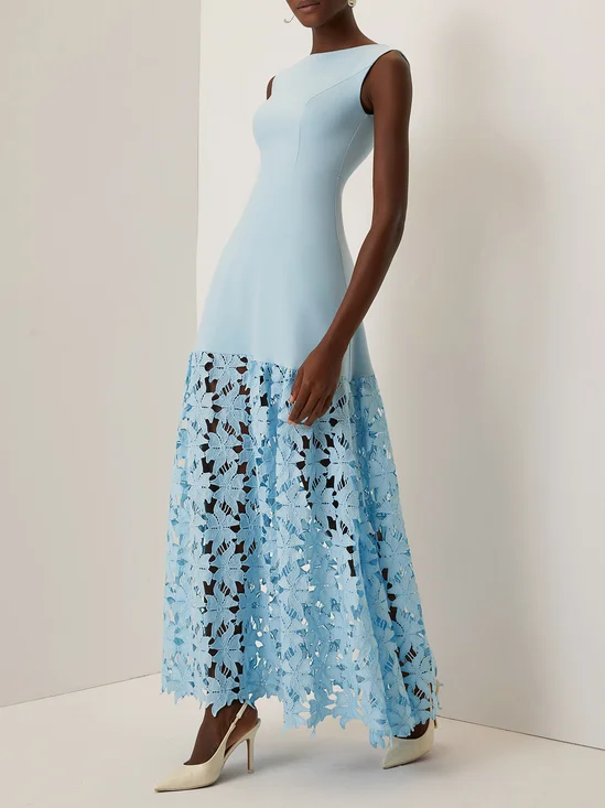 Light Blue Lace Classic Boat Neck Sleeveless A-Line Maxi Dress