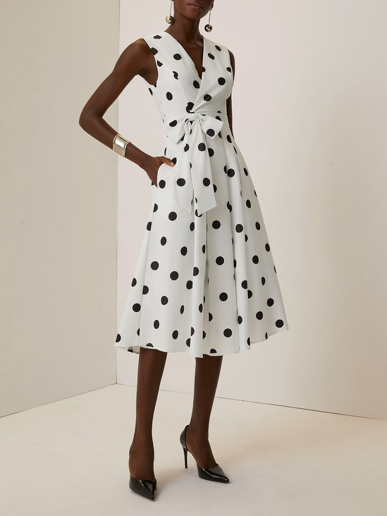White Bow Classic V Neck Sleeveless A-Line Midi Dress