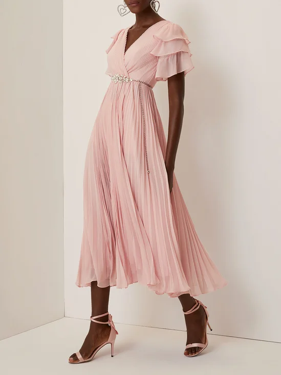 Pink Pleated Rhinestone Chiffon V Neck Short Sleeve Ruffle Sleeve A-Line Maxi Dress