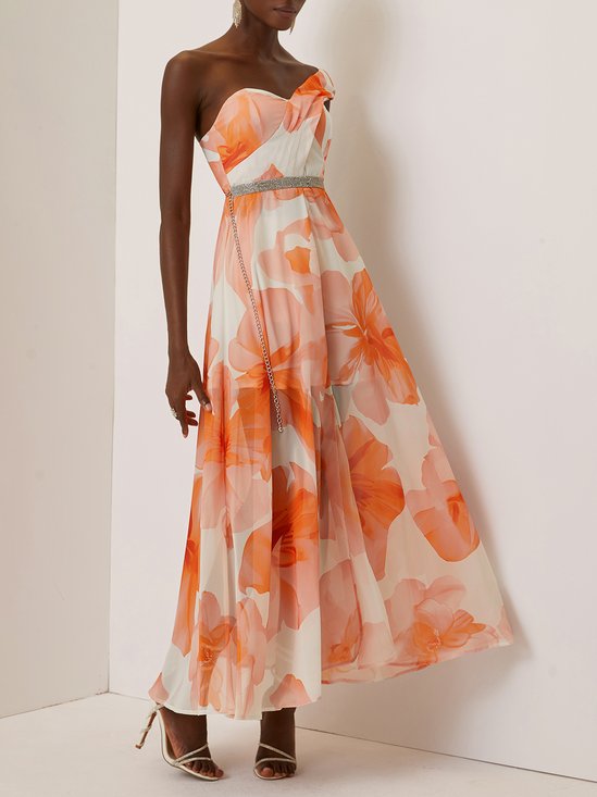 Orange Rhinestone Chiffon One Shoulder Sleeveless A-Line Maxi Dress