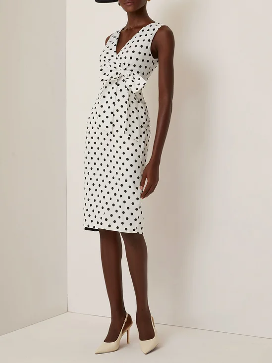 White Bow Printing Classic V Neck Sleeveless Sheath Midi Dress