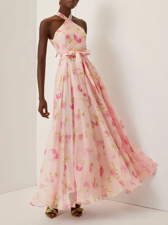 Pink Floral Chiffon Halter Sleeveless A-Line Maxi Dress