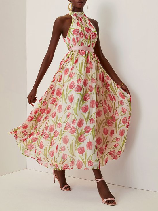 Pink Pleated Floral Chiffon Halter Sleeveless A-Line Maxi Dress